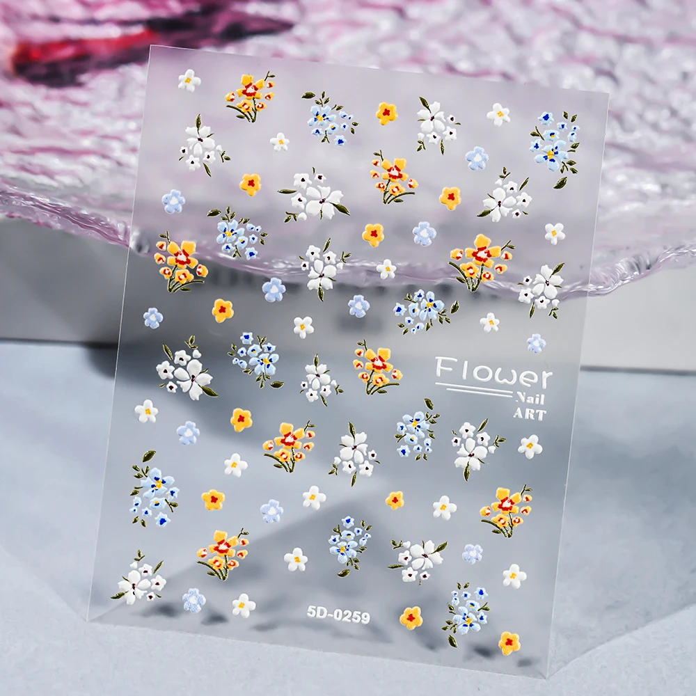 5D Embossed Elegant Flower Clusters Nail Sticker Blue/White/Yellow Spring Blossom Floral Nail Decals Self-adhesive Manicure Deco 4