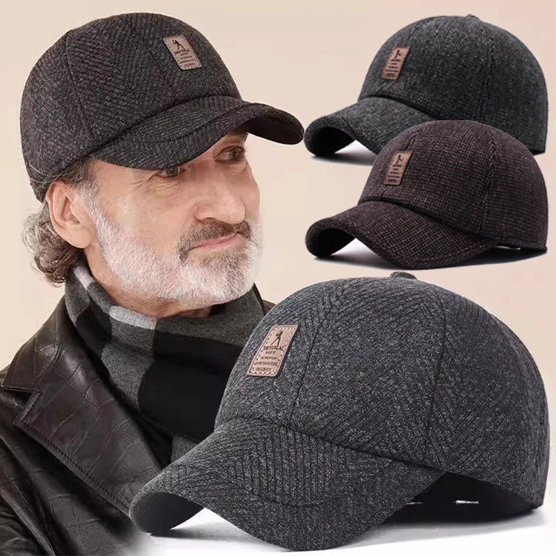 

Men Baseball Cap Woolen Knitted Winter Ear Cover Baseball Cap for Men Thicken Warm Hats with Earflaps Sport Golf Hats Snapback