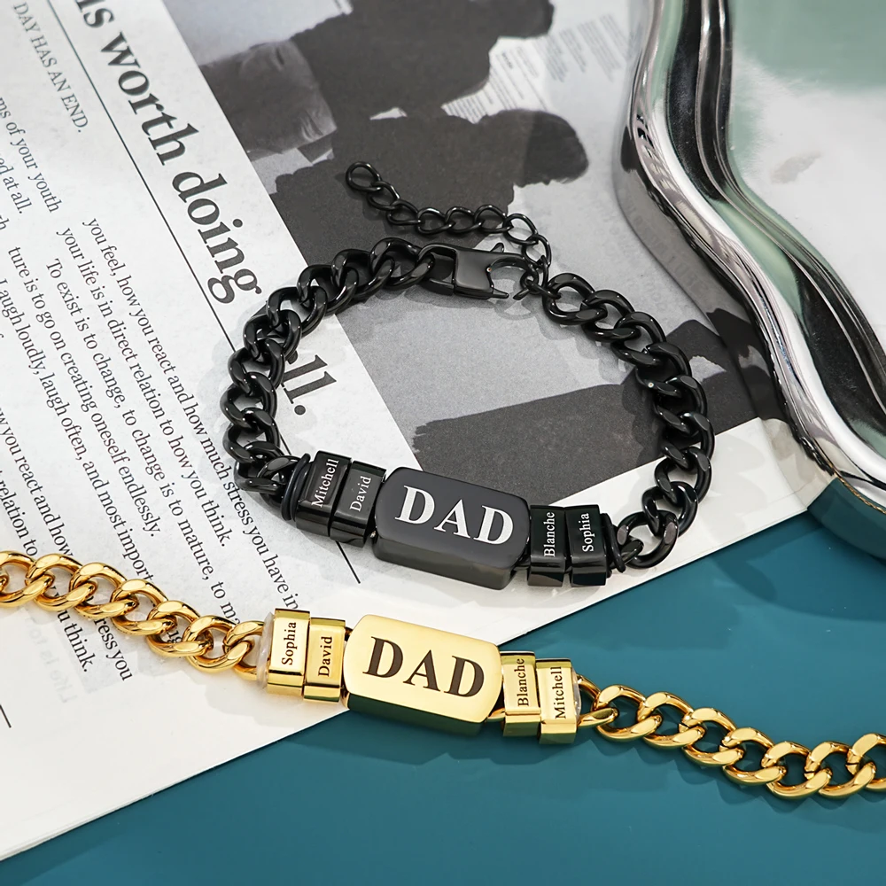Pulsera de eslabones cubanos personalizada para hombre, nombres personalizados, cuentas, pulseras de acero, brazalete para papá, abuelo, joyería de moda, regalo para el Día del Padre