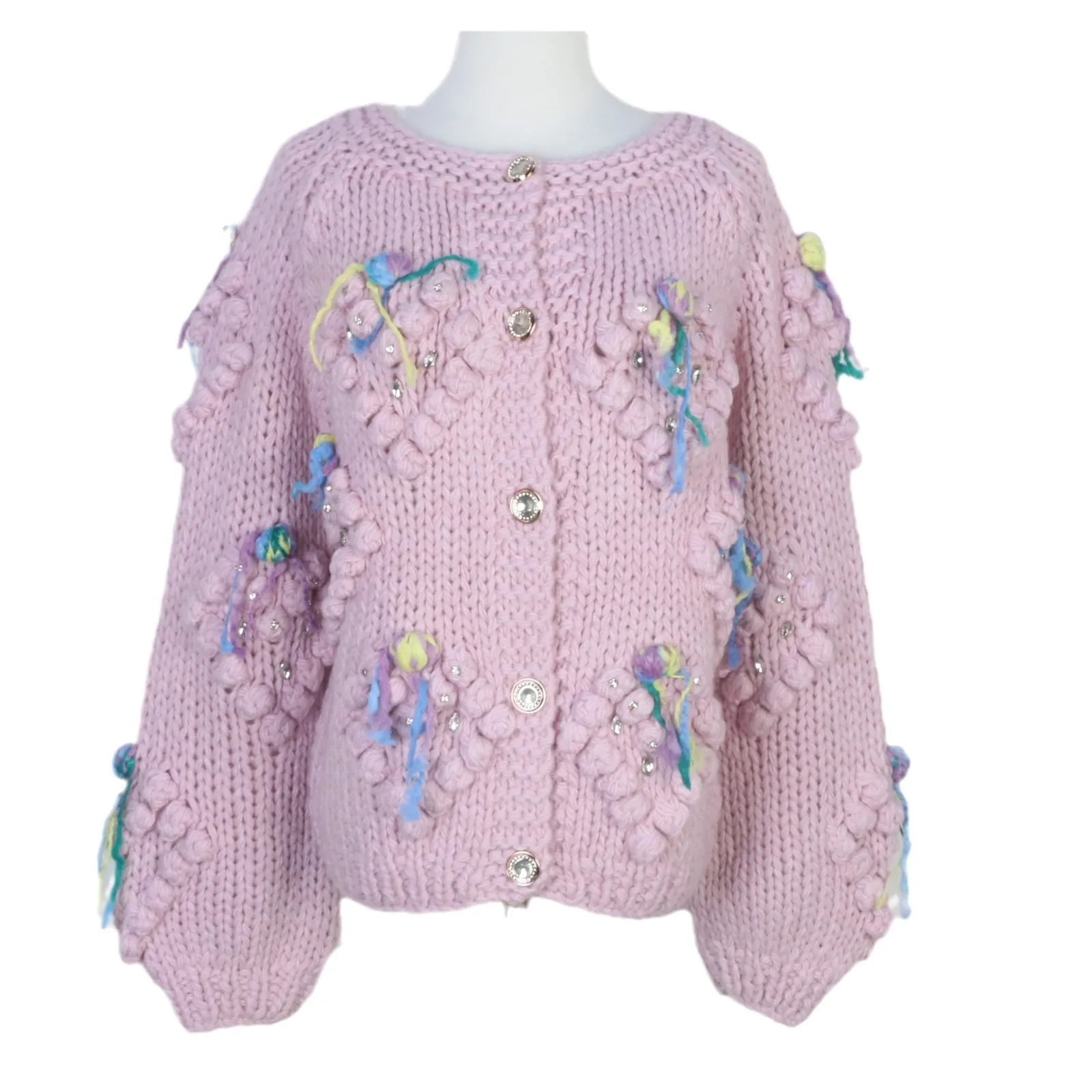 

2025 Autumn And Winter Purple Sweater Jacket Women's Round Neck Loose Bohemian Holiday Long Sleeve Sweater Cardigan Knitted Top
