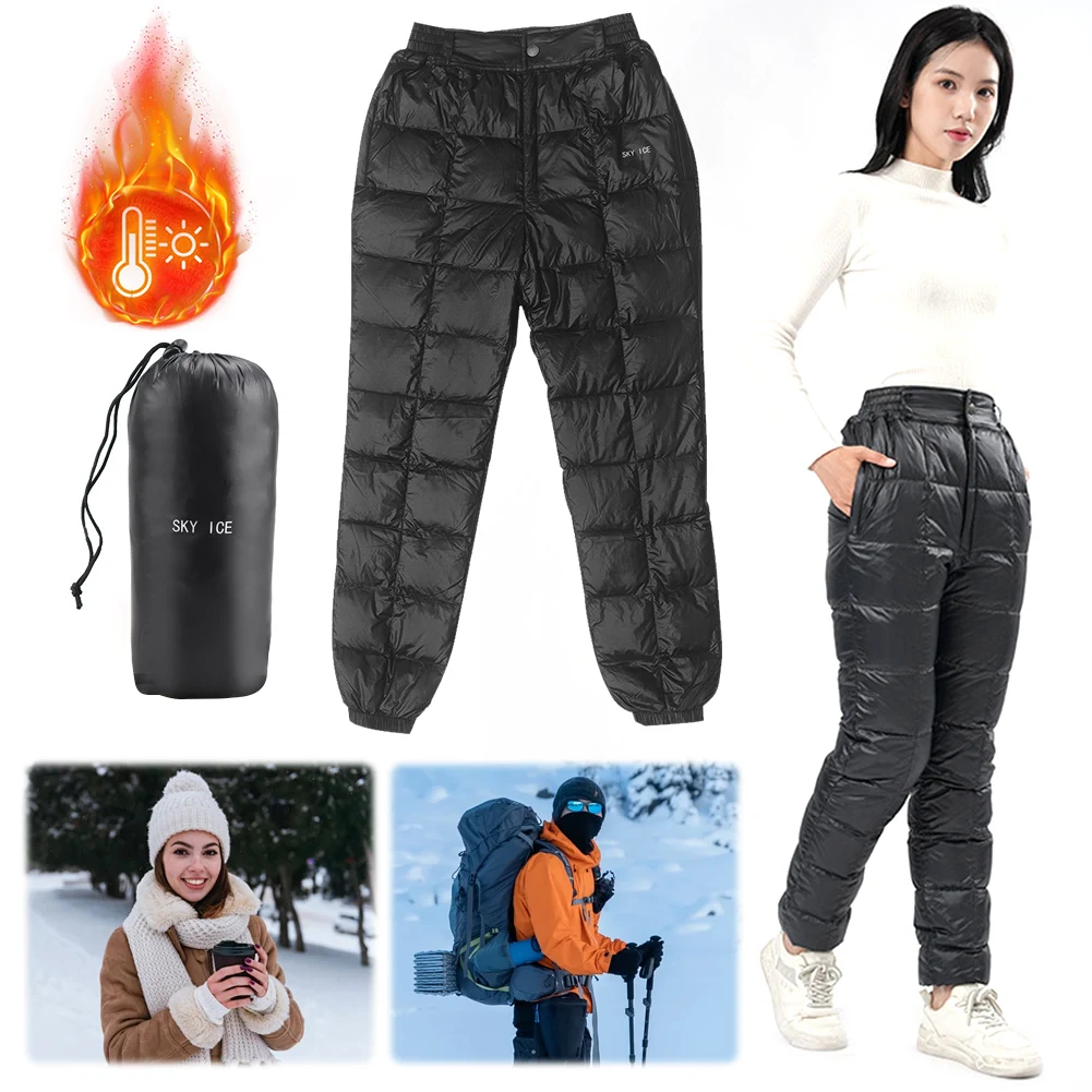 Goose Down Pants Waterproof Winter Thermal Trousers Windproof Compression Snow Trousers with Storage Bag for Men Women