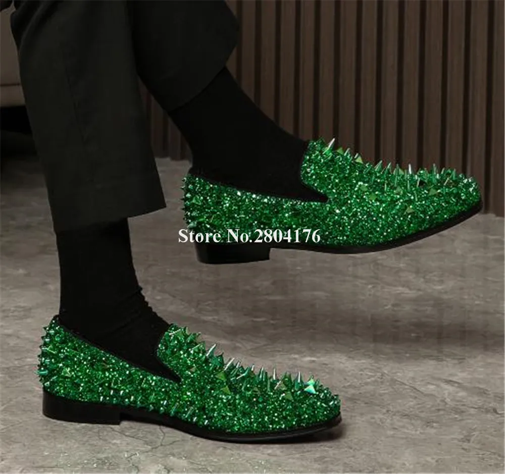 Newest Men Fashion Rivets Glitter Loafers Bling Bling Green Blue Gold Silver Spike Slip-on Flat Leisure Shoes