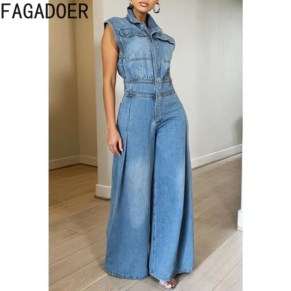 

FAGADOER Elegant Lady Denim Wide Leg Pants Jumpsuits Omen Turndown Collar Button Sleeveless Playsuits Casual OL Cowboy Overalls