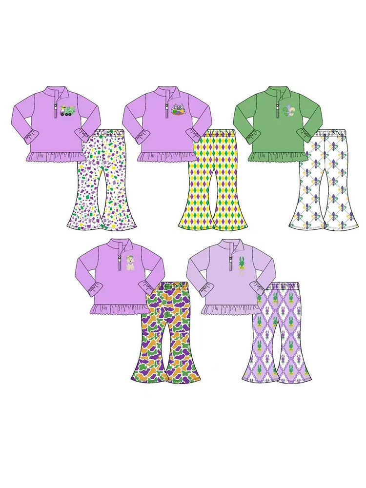 Girls Long Sleeves Lobster Crown Print Zip Pullover T-Shirt Top Bell Bottom Pants Mardi Gras Themed Boutique Outfit Set