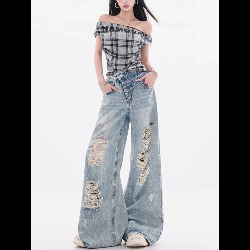 Women's Jeans Loose Wide Leg Curve Cut Street Style Casual Tapered Denim Pants With Pockets Women's Pants Vintage Y2K
