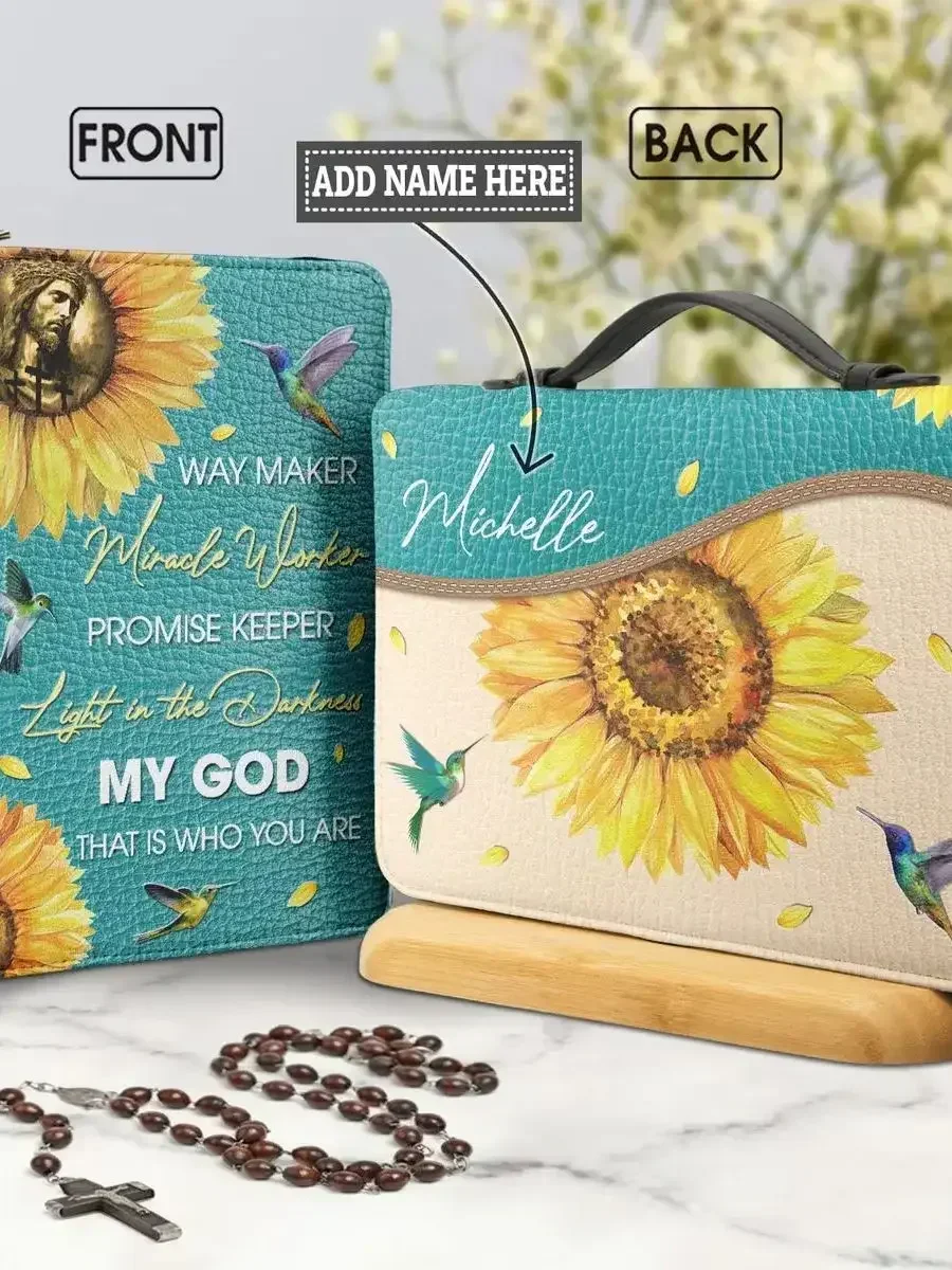 

Sunflower Bird Jesus Bible Hymns Print Leather Handbag Zipper Handle Bible Carrying Case Customized Study Book Holy Storage Box