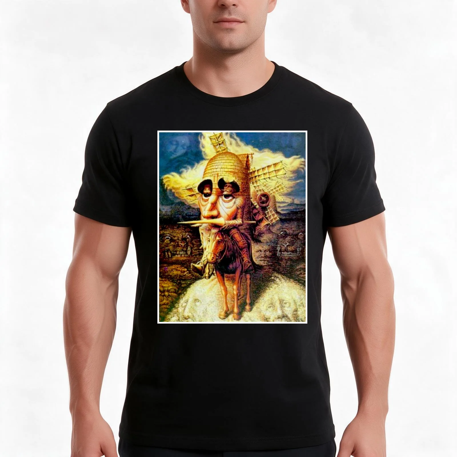 DON QUIXOTE : Vintage Abstract Tilting at Windmills Print T-Shirt Summer Casual Cotton Tee Oversized Streetwear Tops