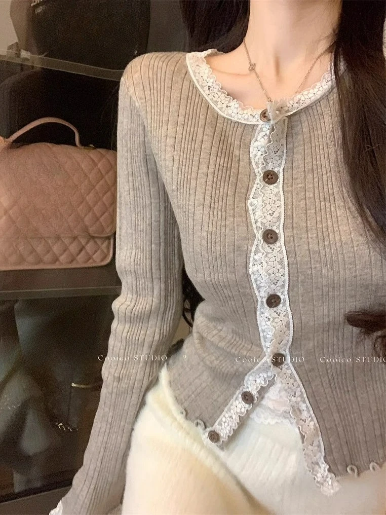 

French Style BM Elegant Lace Bottom Knitted Sweater Cardigan for Women Autumn Winter Slim Fit with Ruffle Fungus Edge Short Top