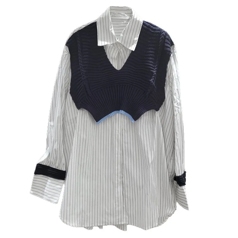 SuperAen 2025 Spring and Autumn New Design Knit Shawl Patchwork Striped Mid-length Shirt Top for Women Casual Tops
