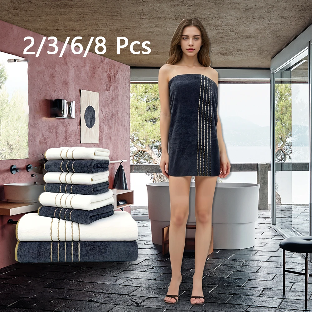 Multi-Size Bath Towel Set (2/3/6/8 Pcs) - Includes Washcloths, Hand Towels & Bath Towels, White & Gray with Gold Trim, Soft Abso