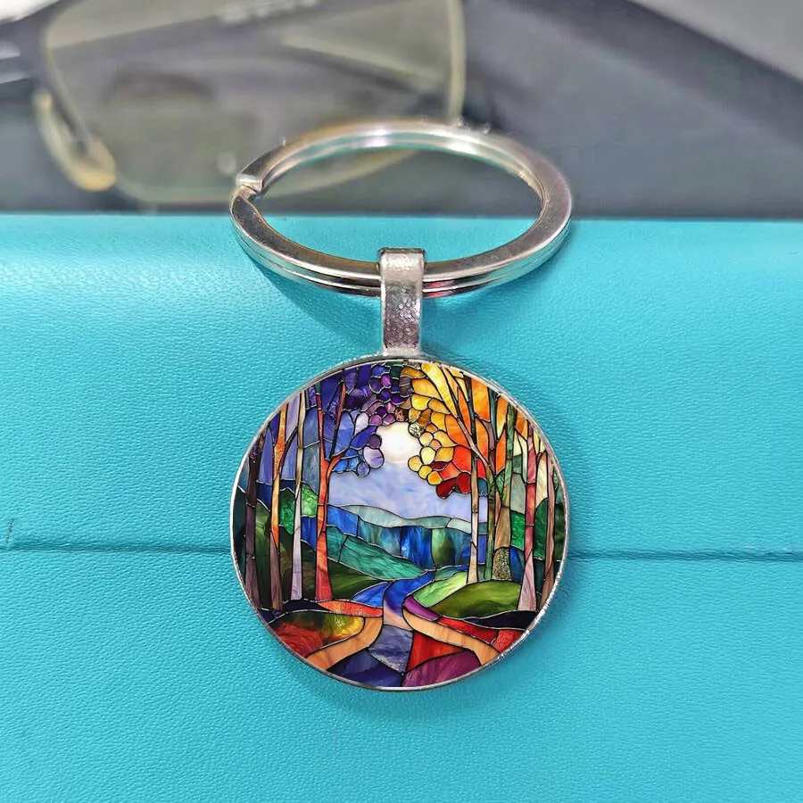 Ladybug Green Leaf Stained Glass Keychain, Red Spotted Ladybug Floral Round Glass Key Fob, Lucky Bug Garden Lover Gift