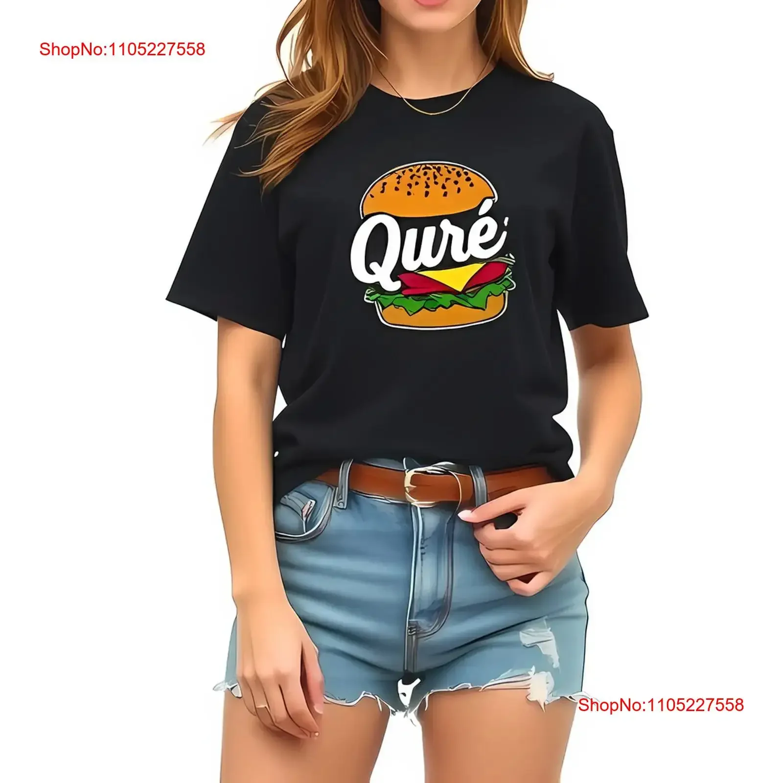 تي شيرت أسود عصري مع همبرغر نابض بالحياة جميع القطن عتيق مغسول كاجوال قليلاً للجنسين للارتداء اليومي #1