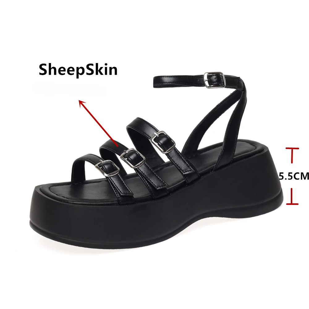 NCLIN Rome Style Genuine Leather Sandals For Women High Platforms Punk Comfort Casual Shoes Woman Buckles Club Sandals Shoes