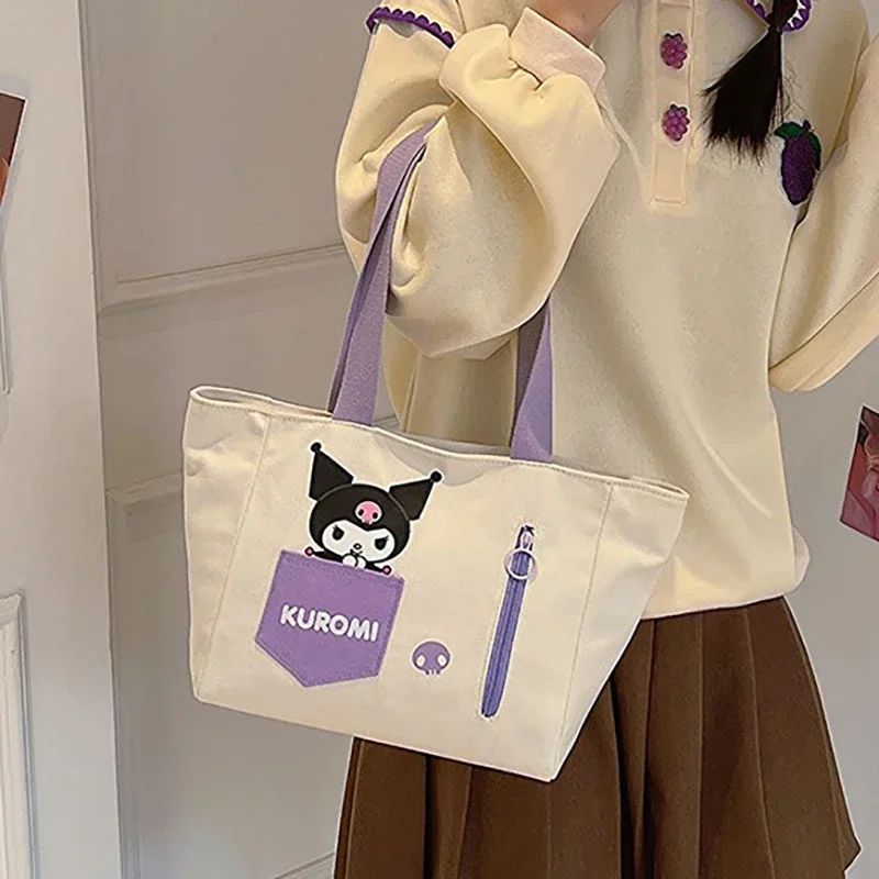 MINISO Disney Serie Cartoon Printed Canvas  Kuromi Handbag Color Blocking Shoulder Bag Zipper Tote Bag Fashion Underarm Bag