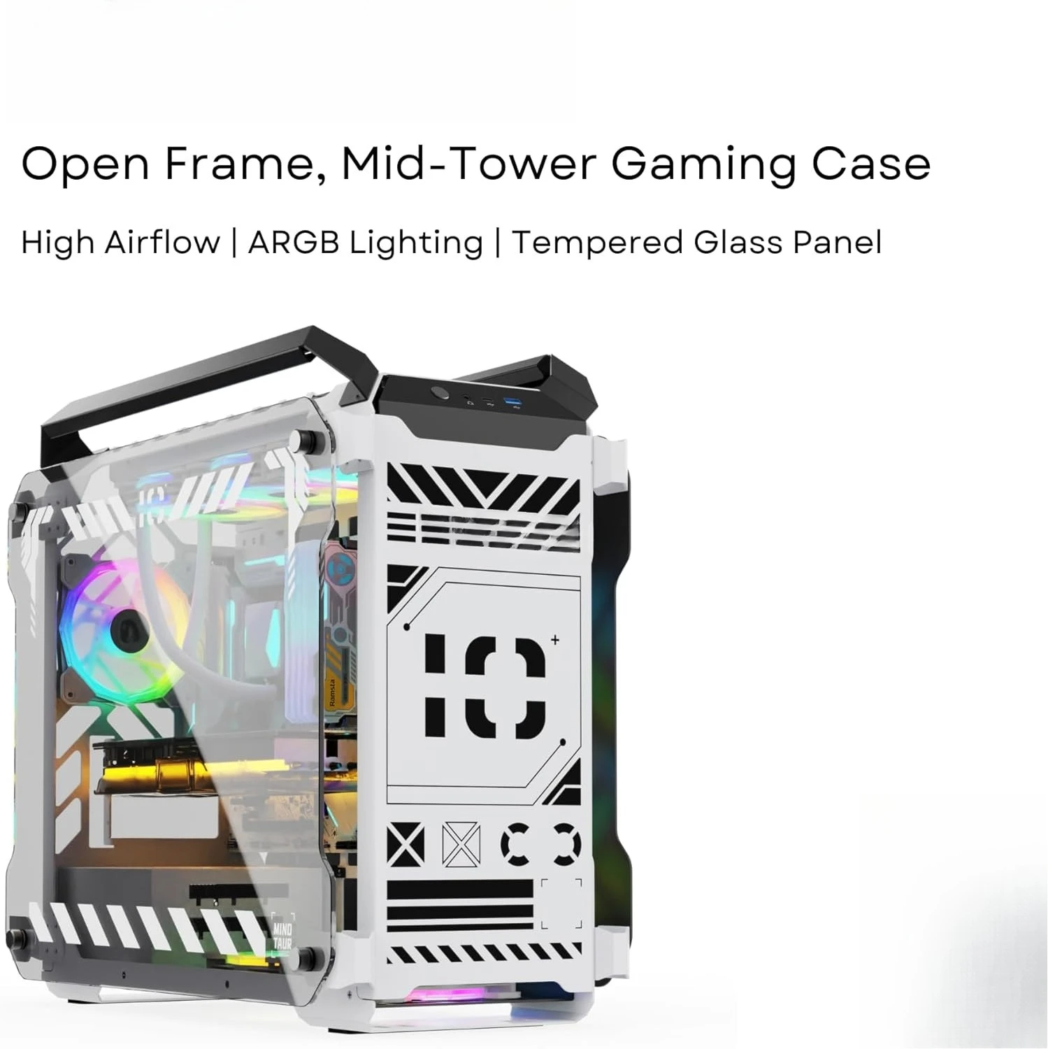 

Игровой чехол ATX с открытой рамкой — промышленный дизайн, панели из закаленного стекла, высокий воздушный поток, подсветка ARGB, порт USB-C (черный)