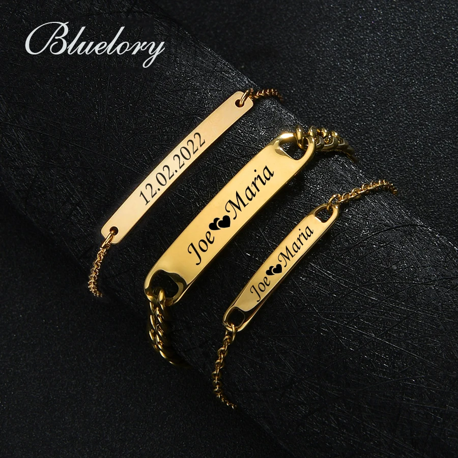 Bluelory Punk Engrave Name Custom Men Bracelets Gold Silver Black Color Stainless Steel Thick Chain Customized Couple Jewelry