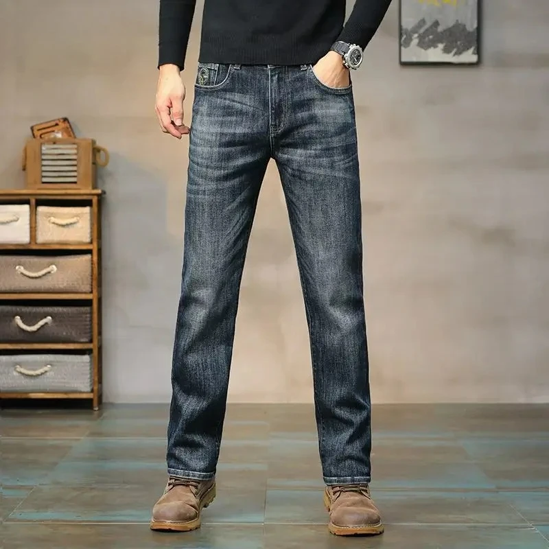 

2026 Spring New Stretch Big Bull Men's Jeans Straight Stretch High Waist Pants for Young Men Vintage Blue Fashion Men's Trousers