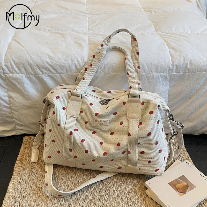 Corduroy Travel Tote Bag Large Capacity Strawberry Travel Handbag with Shoe Compartment Sports Fitness Bag for Women Droshipping