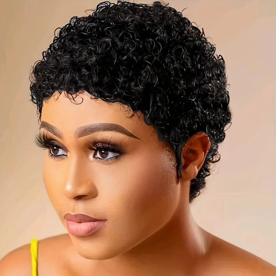 short afro curly wig pixie cut human hair wig for women 4inch natural black color daily party use 150% density remy hair wig