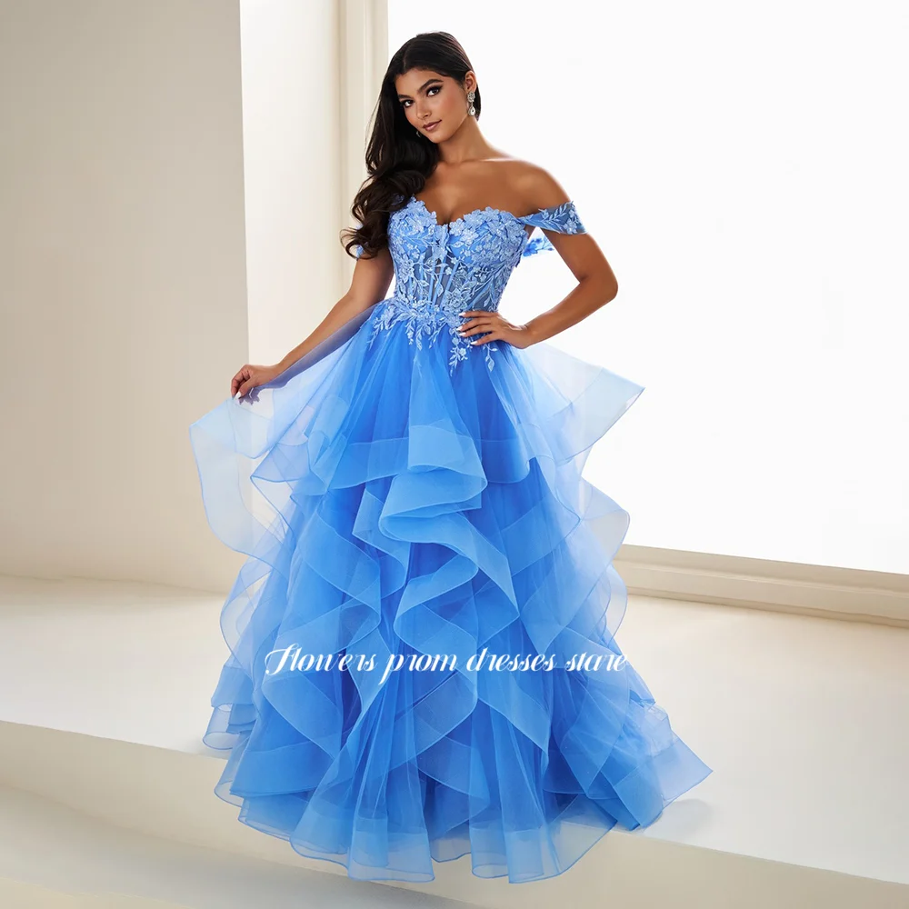 Flowers Off Shoulder Prom Dress with Detachable Train A Line Evening Party Dress فساتين مناسبة رسمية Customized