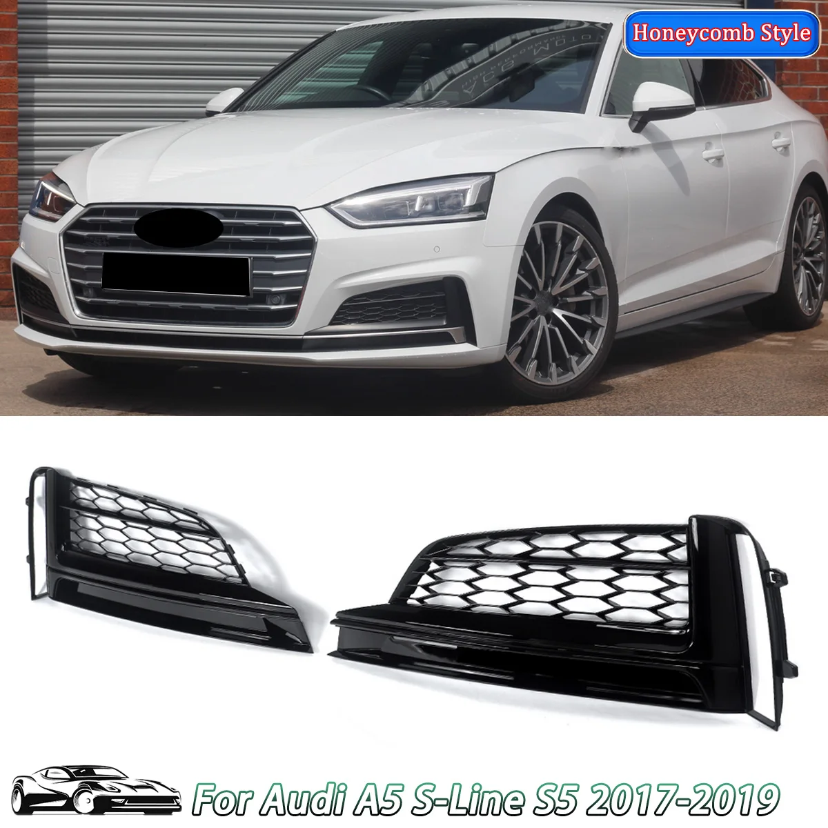 

For Audi A5 S Line S5 Sportback 2017 2018 2019 Front Fog Light Lamp Cover Grille Honeycomb Grill Mesh Gloss Black