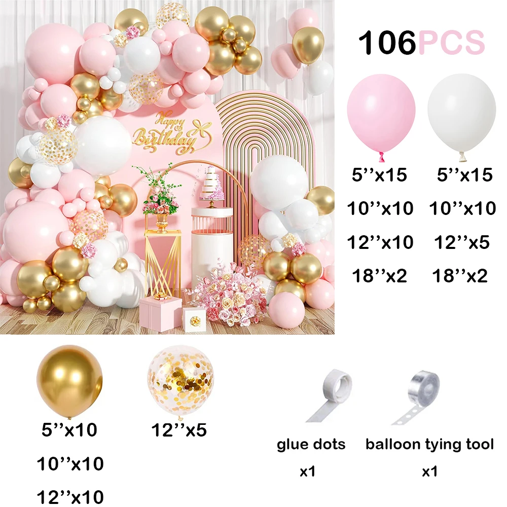 106Pcs Pink White Balloon Arch Kit Girls Happy Birthday Decoration Ballon Pastel Pink Gold Confetti Balloons Baby Shower Wedding