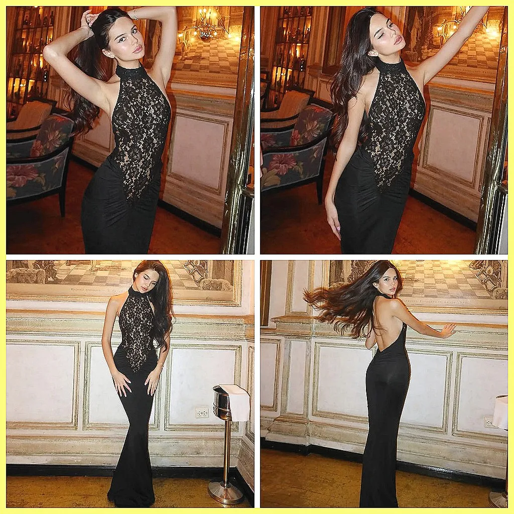 

Black Lace Bodycon Dress for Women, Backless Halter Maxi Long Dress, High-Waisted Sleeveless Party Club Dress (Characters: 78)