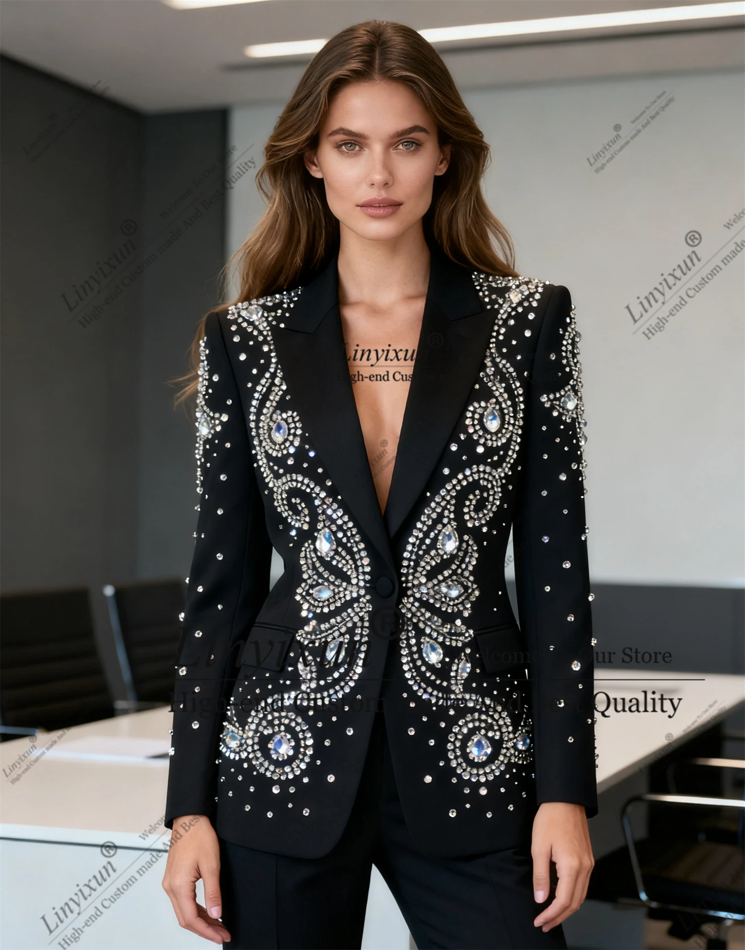 fashionable Shiny Diamonds Rhinestones Customized Women's Suit 2 Pieces пиджак женски Slim Womens Clothing Pant