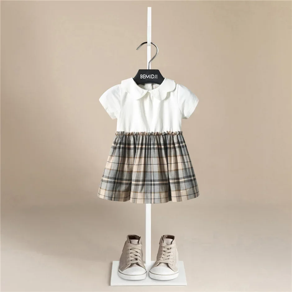 

New Summer Striped Plaid Baby Girls Princess Dresses Short Sleeve Korean Style Lace Collar Toddlers Kids Cotton Cute Dress