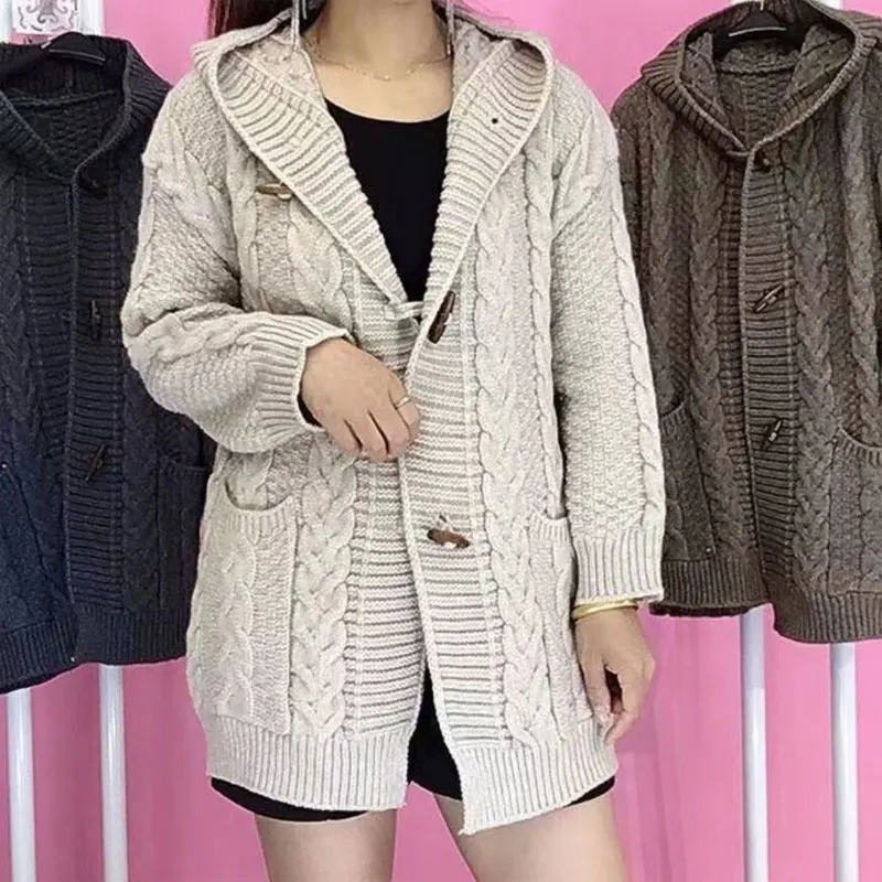 Stylish Horn Button Loose Knitted Sweaters Vintage Solid Color Casual Hooded Women\'s Clothing Commute All-match Midi Cardigan