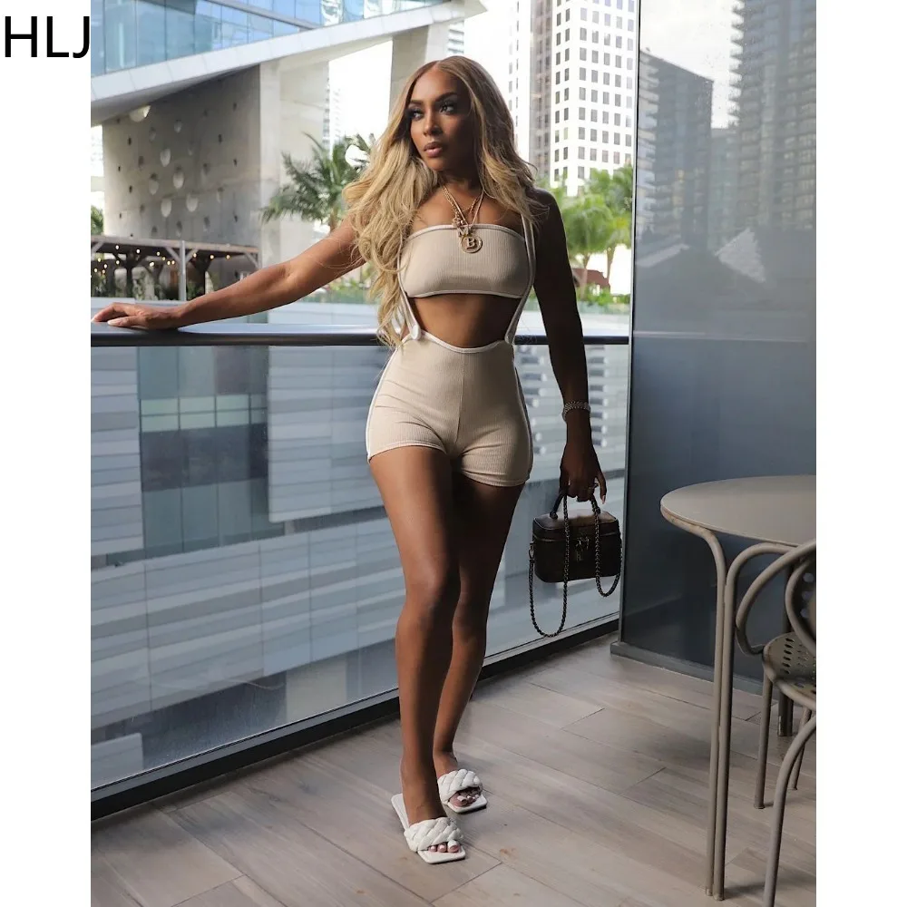 HLJ Summer New Solid Color Ribber Two Piece Sets Women Sleeveless Backless Slim Tube And Strap Shorts Outfits Odzież damska