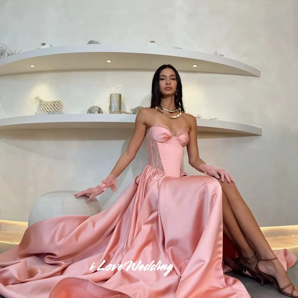 

Pink Sweetheart Evening Dresses 2025 Sleeveless Lace A-Line Backless Split Floor-Length Prom Dress Pleated Party Dress Customize