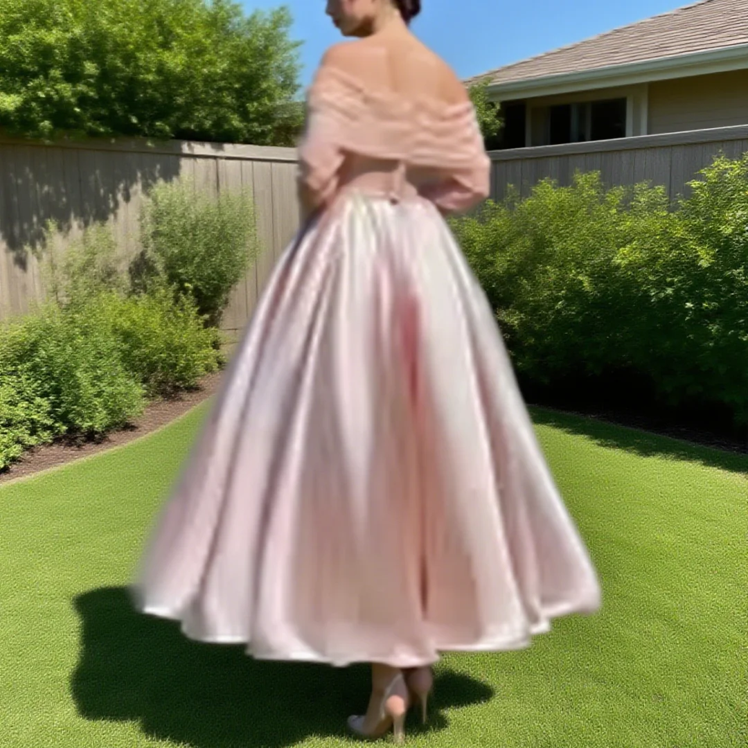 ที่กําหนดเองปิดไหล่ A-Line ชุดราตรีจีบแขนยาว Elegant ข้อเท้า-ความยาวอย่างเป็นทางการ Evening Porm Dress