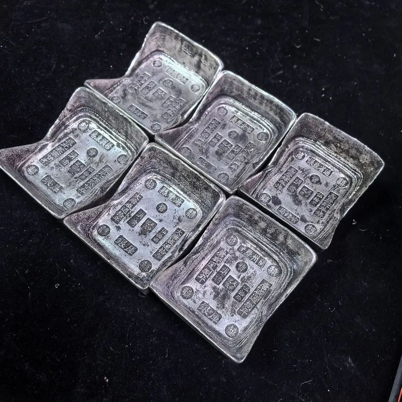 Retro Chinese Square Shoe Silver Yuanbao Replica 6Pcs Engraved Mark Silver Bullion Traditional Table Collectible Ornament