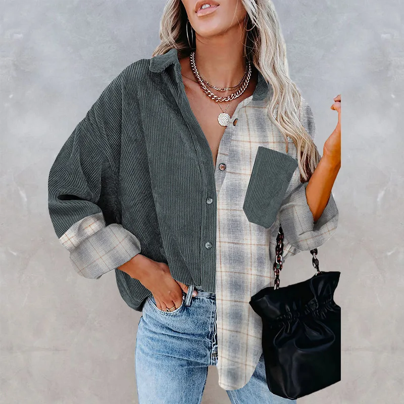 

Women's autumn/winter plaid shirt corduroy plaid shirt loose pocket lapel shirt casual and comfortable