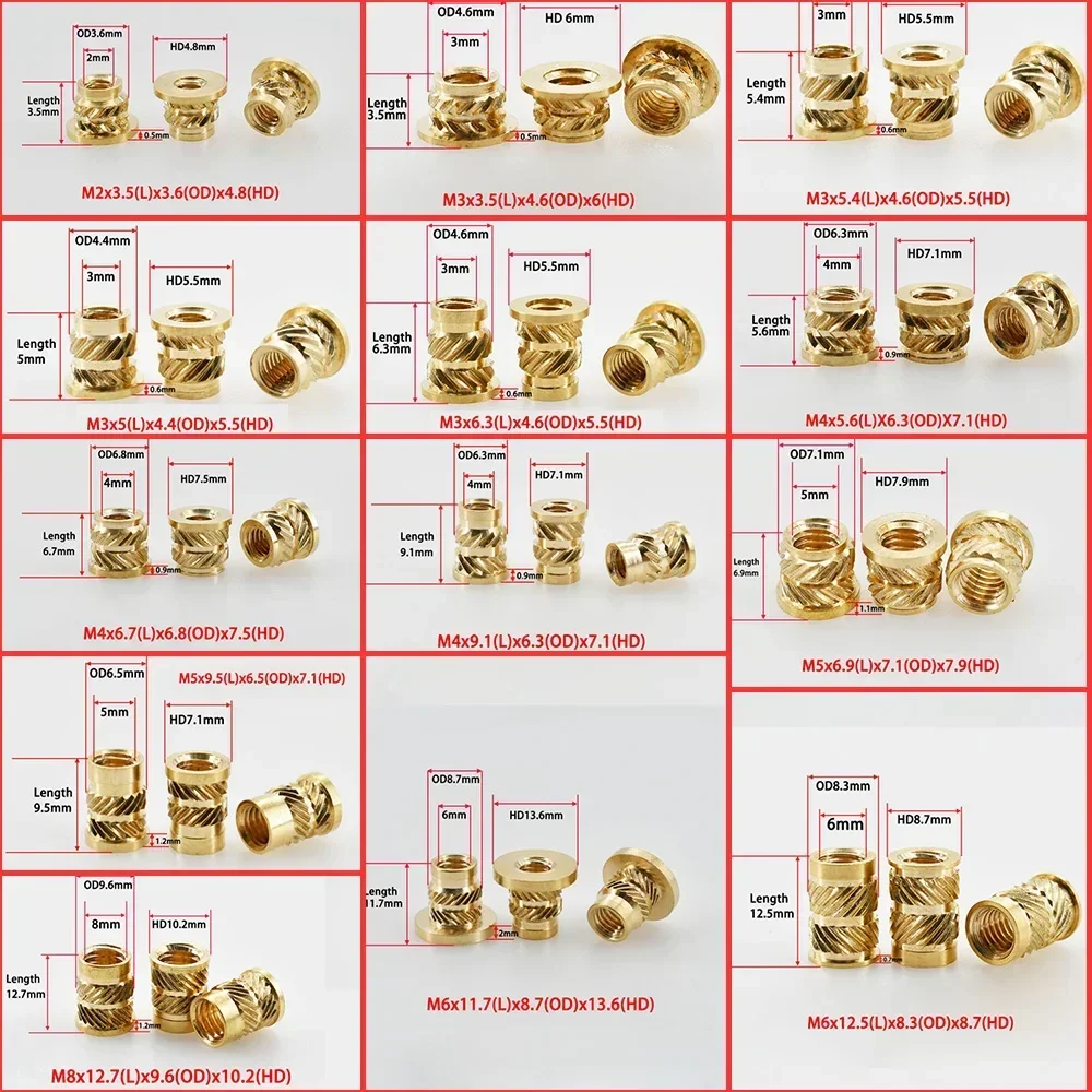 Hot Melt Nuts Brass Insert Nut Copper Nutsert Inserts Heating Embedded Thread Nuts Insertion Insertnut M2 M2.5 M3 M4 M5 M6 M8