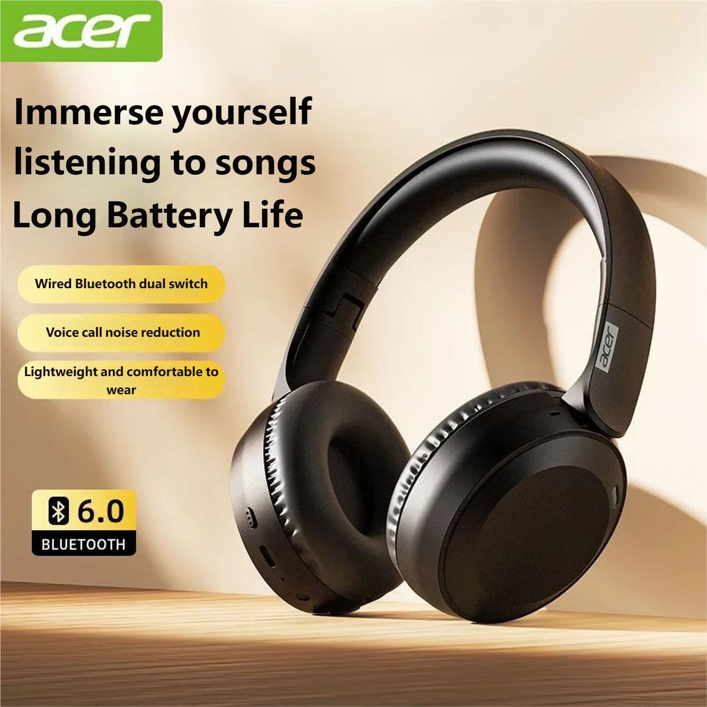 Fones de Ouvido Sem Fio Acer OHR205 Bluetooth 6.0 Dobráveis Over-Ear com Drivers de 40mm e Almofadas de Espuma de Memória para Viagem e Escritório