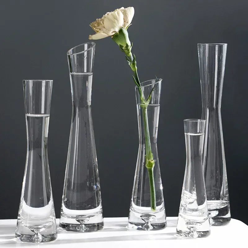 Slim Waist Clear Glass Vase, Minimalist Tall Single Stem Flower Vase Tabletop Decorative Bud Vase for Home Wedding Centerpieces