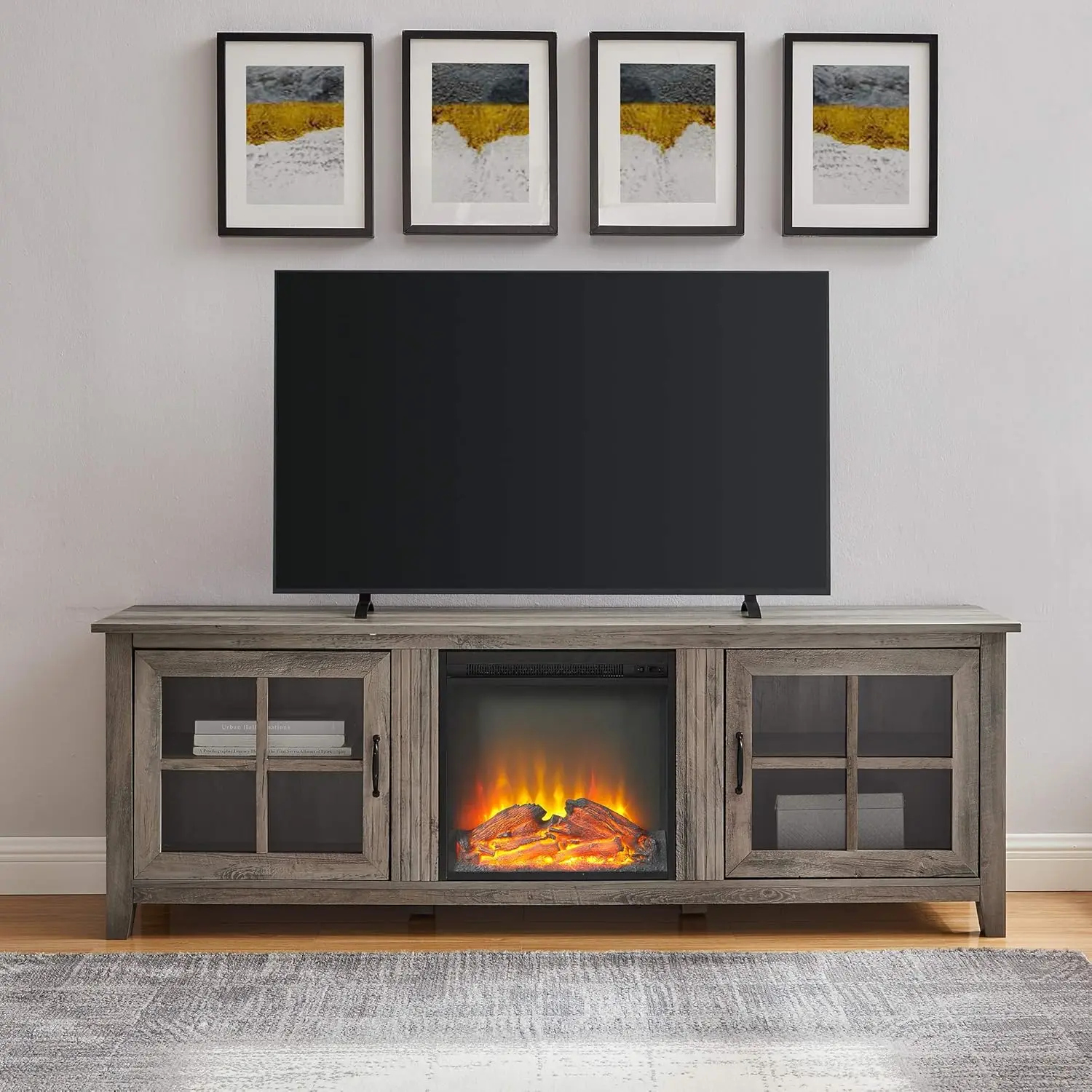 

Classic 2 Glass Door Fireplace TV Stand for TVs up to 80 Inches, 70 Inch, Grey Wash