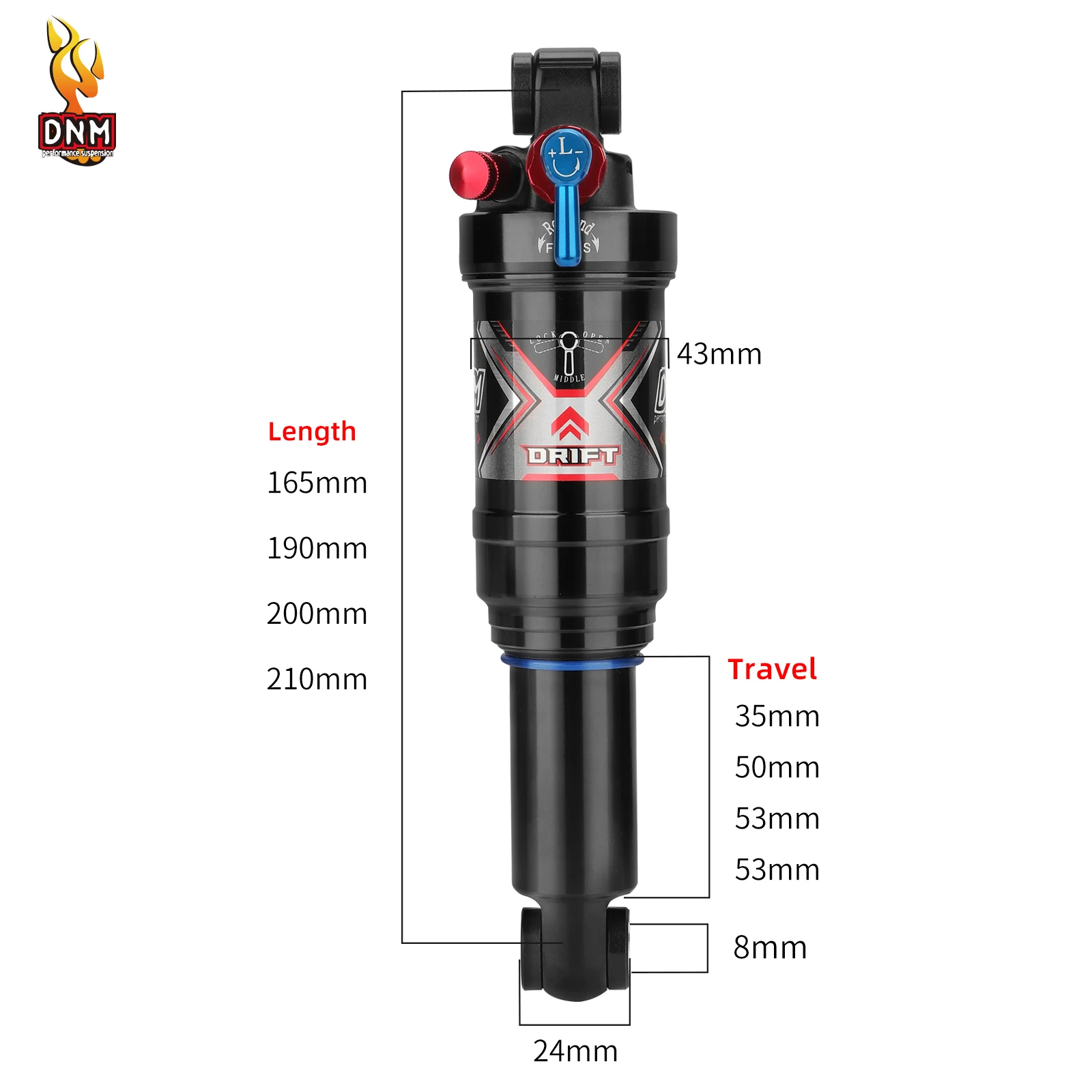 DNM-AO-8RC Mountain Bike traseiro Air Shock Absorber, acessórios de bicicleta, cauda macia, XC MTB, 165mm, 190mm, 200mm, 210mm