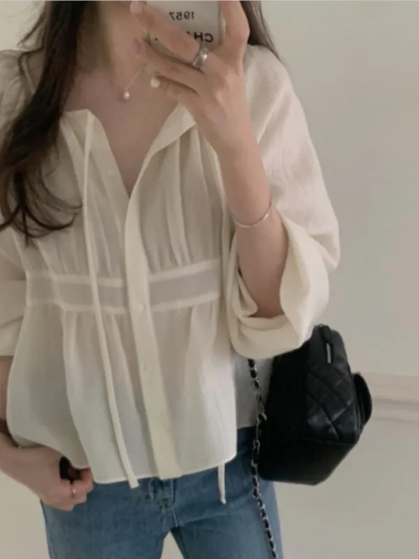 New Elegant Women's Shirt Pleated Waist Design Versatile Wrap Chest Sweater Half Skirt Spring Autumn Winter Commute Style
