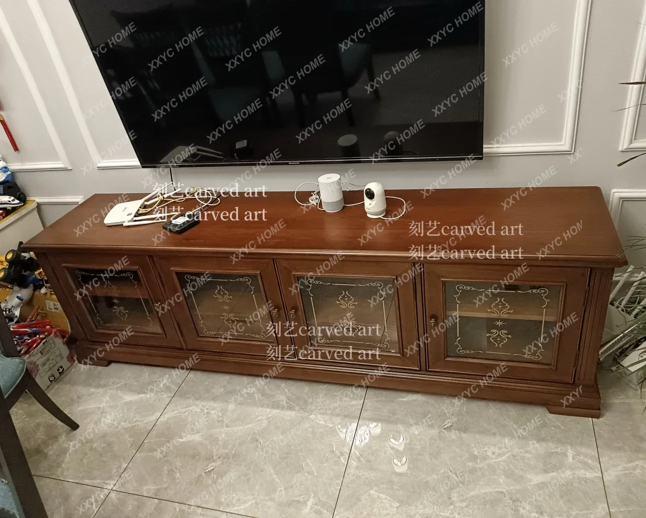 XZ    solid wood carving flower retro TV cabinet four doors glass locker