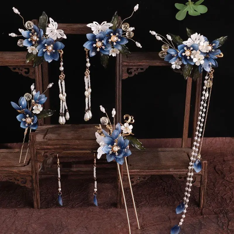 

Traditional Oriental Hanfu Hair Jewelry Set Glazed Tassel Step Shake Super Fairy Hairpin Hair Clip Full Costume Accessories