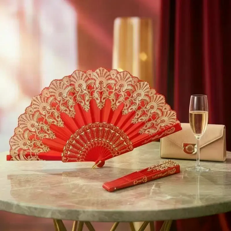 Chinese Folding Hand Fan Gold Lace Pattern Breathable Lightweight Handheld Fan for Hanfu Cosplay Prop