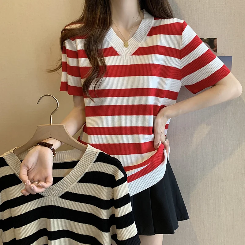 XL-4XL Large Size V-neck Sweaters Women Summer Short Sleeve Oversize Knitted Tops Loose Striped Vintage Ice Silk Pullovers 2023