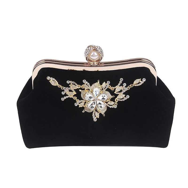 Female Diamond Pearl Handbag Vintage Crystal Flower Evening Bag Wedding Party Bride Clutch Bag Purse（Black）