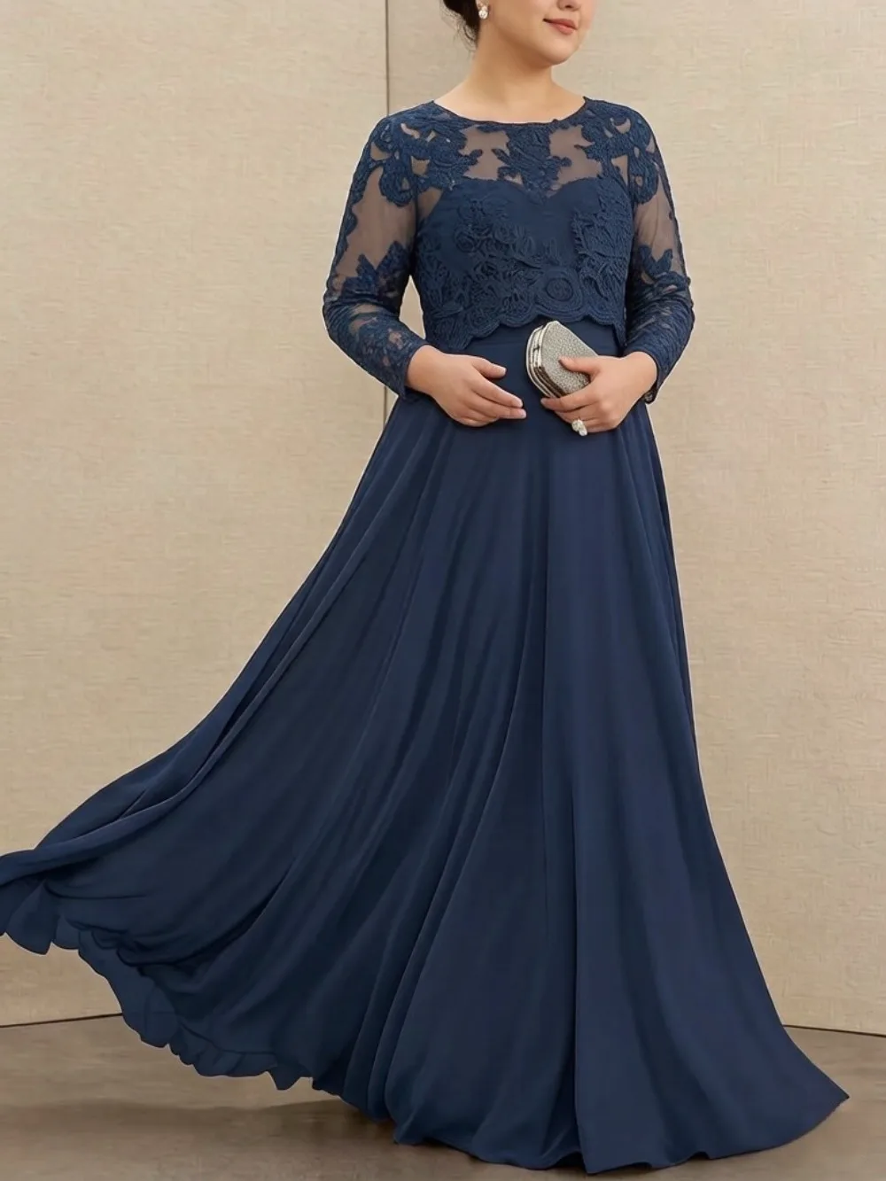 Elegantes Maxikleid für Damen in Übergröße, langärmlig, mit Spitzen-Patchwork, fließendem Chiffon, A-Linie, formelles Abendkleid für Hochzeitsgäste, Partys und Abendveranstaltungen