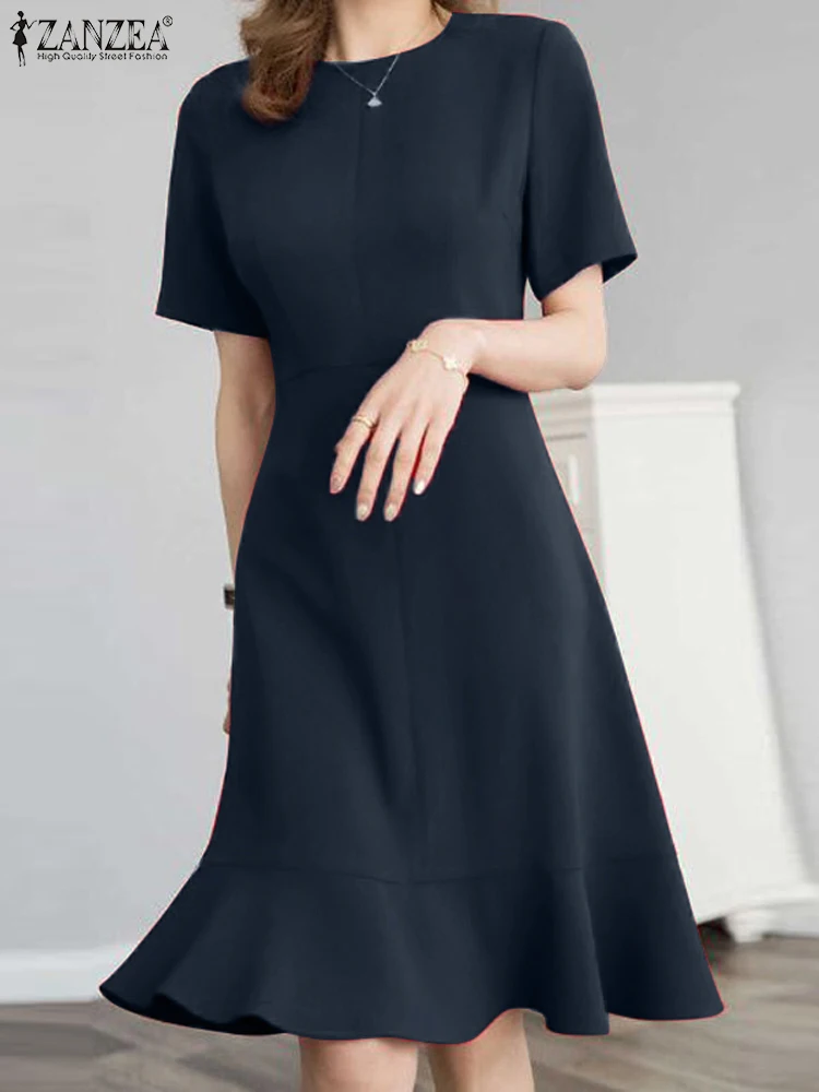 ZANZEA Women Red Mermaid Dress Vintage Short Sleeve Ruffled Sundress Elegant Party Solid Robe Casual Waisted Knee Length Dress