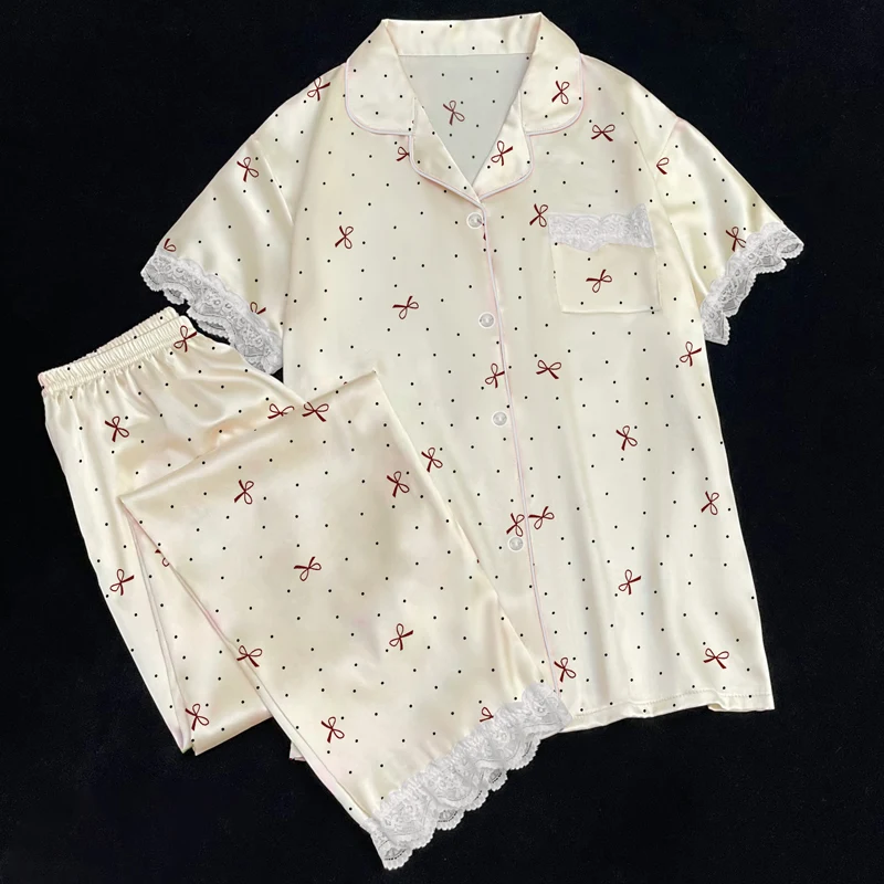 

Модный женский пижамный комплект с галстуком-бабочкой и точечным принтом, дизайнерская пижама с кружевными лацканами и воротником для женщин, новинка лета 2025 г., крутая одежда для сна в стиле Kawaii