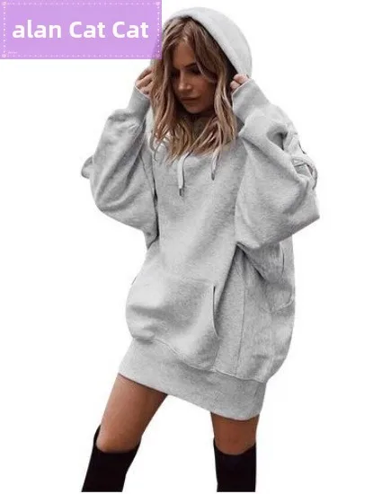 Sudadera larga con capucha Fce de gran tamaño para mujer Dr de longitud media, informal, cómoda, holgada, con capucha de fibra de poliéster Dr